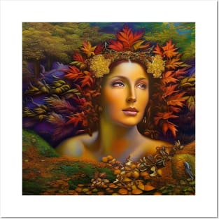 Autumnal Equinox Beautiful Woman Surrounded By Autumn Leaves Posters and Art